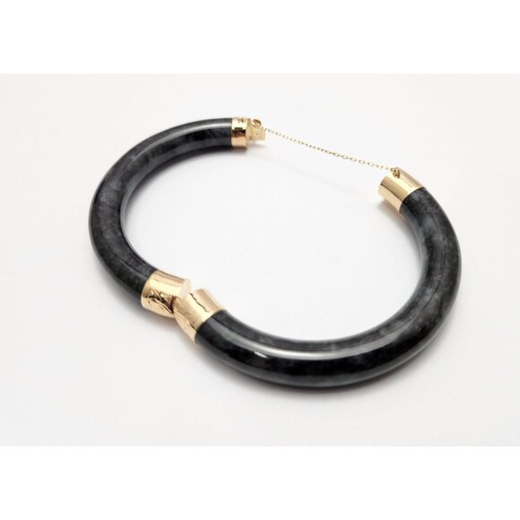 14K Solid Yellow Gold Textured Black & Grey Jade Jadeite Bangle Bracelet 7" L - Picture 9 of 13